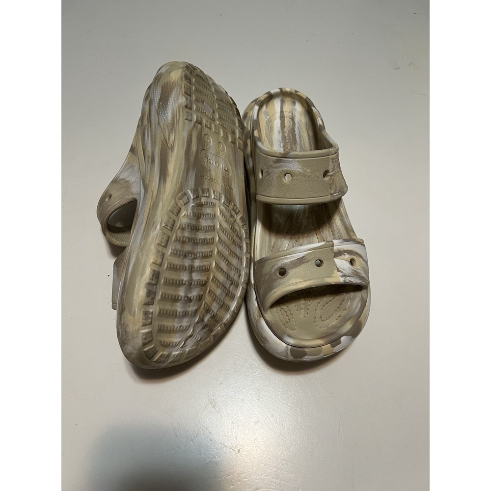 Crocs Women's Marbled Slide Sandals Beige/White/Gray Slip-On Rubber Logo - Picture 3 of 3